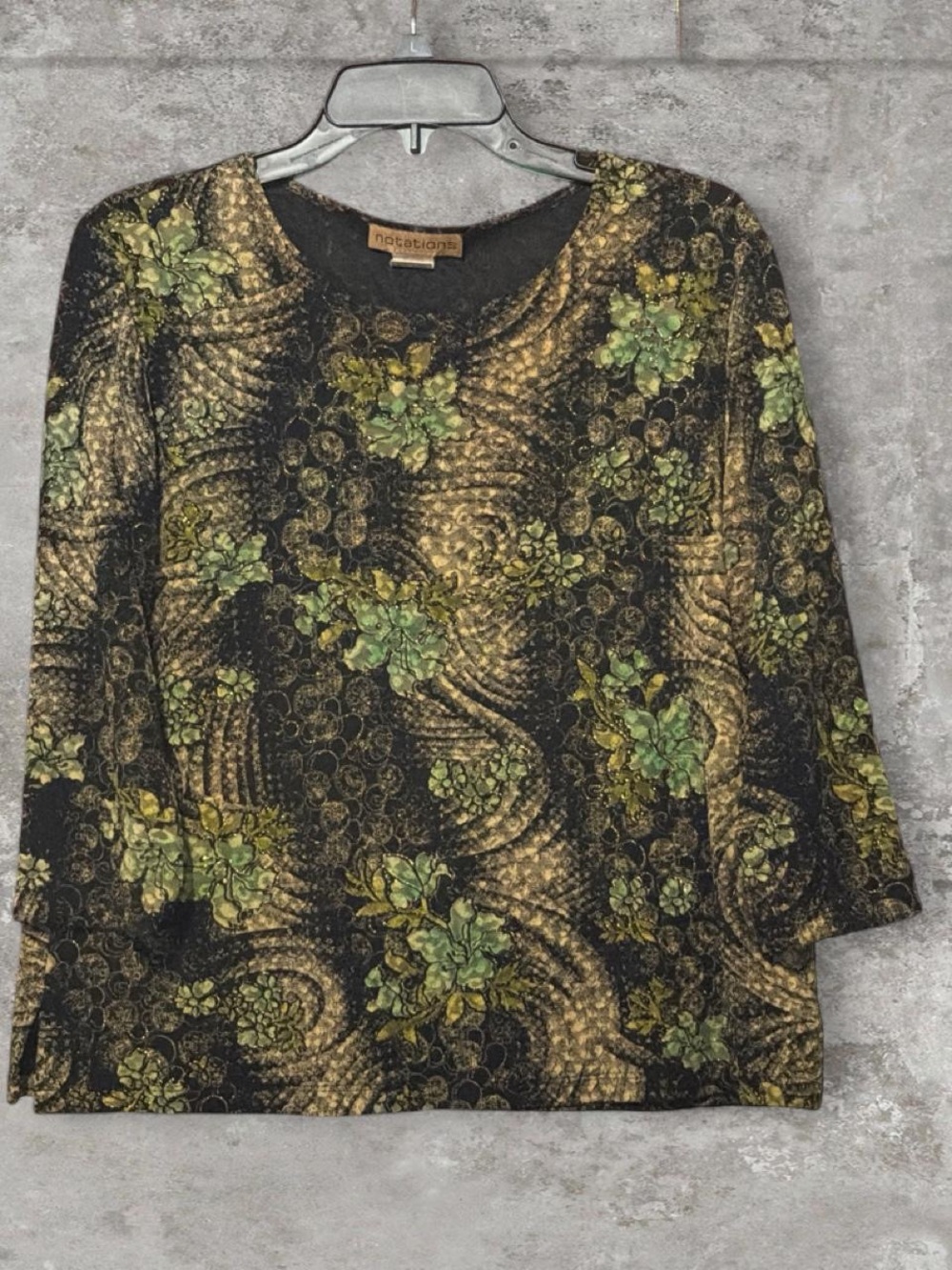 Notations Black Knit Top with Green & Gold Floral Motif Size XL